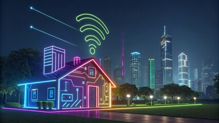 Poster - A house with a wifi symbol on it is surrounded by a cityscape