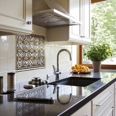 Poster - Worn antique look backsplash exhibiting historical artistry in a modern kitchen soft twilight low angle view