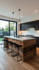 Poster - Spacious modern kitchen with reclaimed wood island in bright contemporary setting corner view interior design inspiration