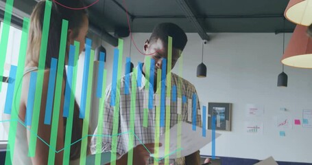 Poster - Reviewing documents, business colleagues analyzing data visualization overlay in office setting