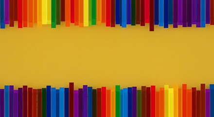 Poster - A yellow background with a rainbow of colored blocks on it