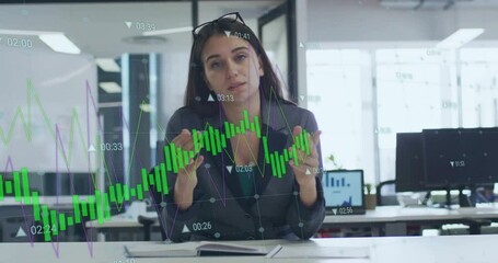 Poster - Businesswoman in office with financial graph animation overlaying her image