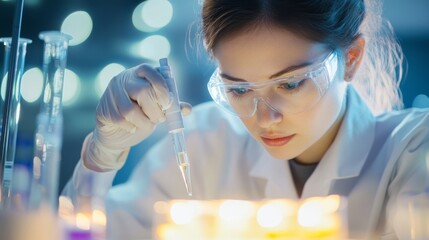 Wall Mural - female scientist conducting laboratory experiment with focus and precision