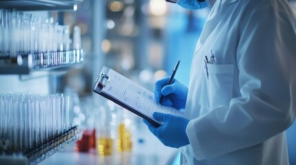 Wall Mural - scientist recording observations in laboratory with test tubes and chemicals