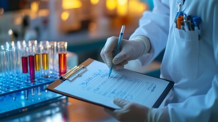 Wall Mural - laboratory analysis with scientist recording data on clipboard in scientific environment