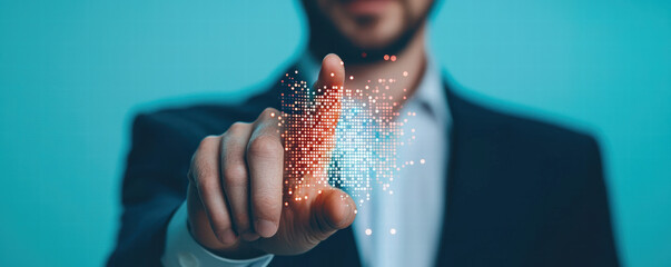 Poster - Digital interaction with technology, businessman touching data visualization