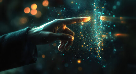 Poster - Hand reaching towards glowing particles, creating magical effect