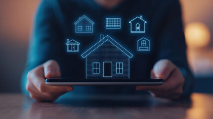 Poster - Smart home technology, digital house icons, tablet interface, modern living