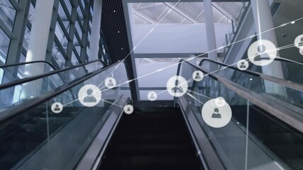 Poster - Network of connections animating over escalator in modern building environment