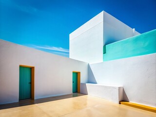 Poster - Minimalist White Architecture, Blue Sky, Vintage Photo Style Stock Image