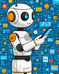 Poster - Friendly robot uses smartphone against tech background