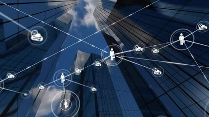 Poster - Network of connections and data processing animation over skyscrapers and blue sky