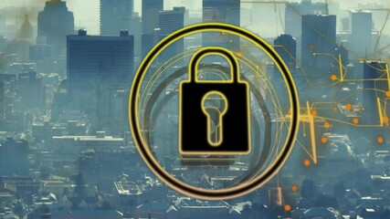 Poster - Animating lock icon over cityscape with skyscrapers in background