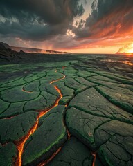 Poster - A lava field with a green grassy area and a large hole in the ground