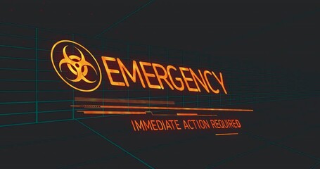 Poster - Biohazard symbol with Immediate Action Required alert in animation style