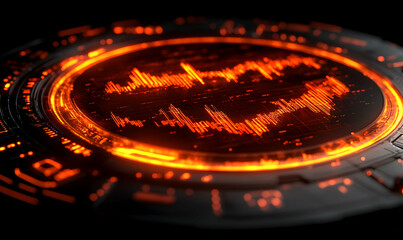 Poster - Glowing orange circular interface displays fluctuating data, resembling a futuristic technological device or sensor