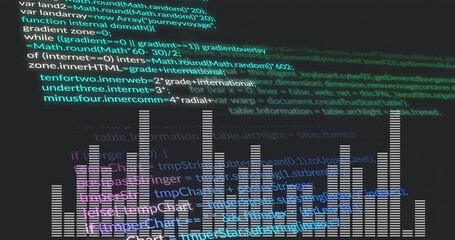 Poster - Digital code and bar graph animation over dark background with colorful text