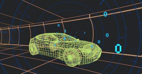 Poster - Futuristic car wireframe with binary code animation in digital tunnel