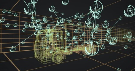 Poster - Digital wireframe of truck with network connections and data processing animation