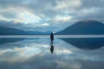 Wall Mural - Silhouette of a lone figure standing on a tranquil reflective lake, surrounded by majestic mountains under a cloudy sky.