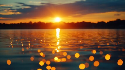 Wall Mural - golden sunset reflected on calm water, bokeh effect. perfect for relaxation, travel, or nature theme