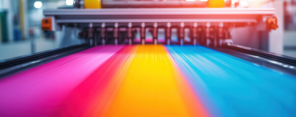 Poster - High speed printing machine with vibrant colors in motion, showcasing pink, orange, and blue ink