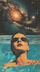 Wall Mural - swimming in the pool sunglasses portrait collage.