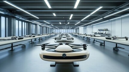 Poster - A high-speed production floor where biomimetic drones assist in automation.