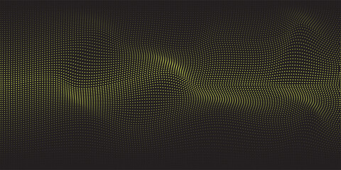 Poster - Futuristic point wave of particles. Visualization of sound waves. Dark background. Technology or science banner. Abstract digital 3D wave. Vector illustration.