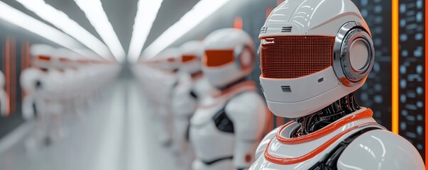 Poster - Futuristic robots in a high-tech corridor sci-fi setting digital art sleek environment low angle view