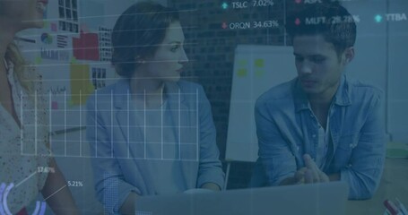 Poster - Business professionals discussing data analysis with stock market animation overlay