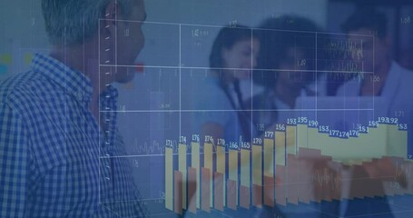 Poster - In office, diverse team discussing financial data with animation of charts