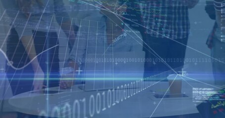 Poster - Financial data and binary code animation over people working in office