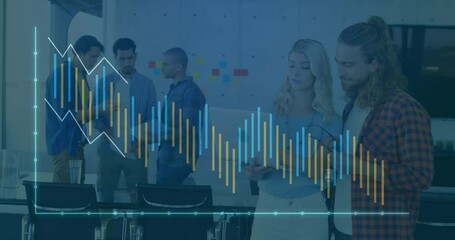 Poster - Collaborating in office, business team analyzing data with animation graph overlay