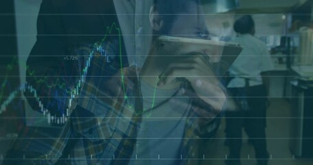 Poster - Stock market graph animation over people analyzing data on digital devices