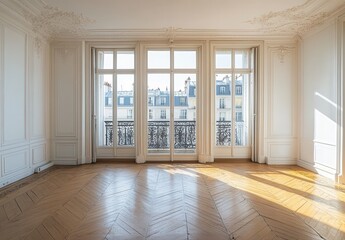 Poster - elegant room with large windows overlooking parisian street, bright natural light illuminating class