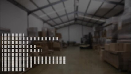 Poster - Warehouse interior with stacked boxes and data processing animation overlay