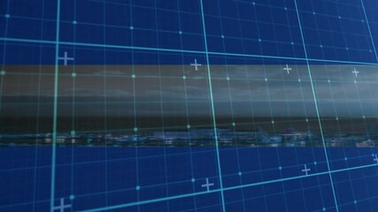 Poster - In futuristic animation, cityscape featuring digital grid overlay with glowing lines