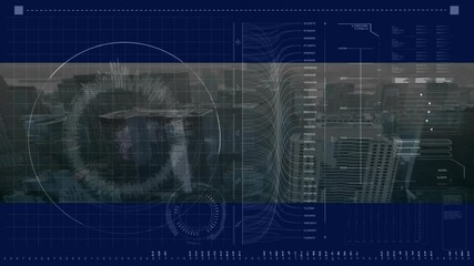 Poster - Analyzing data with animation, futuristic digital interface over cityscape backdrop