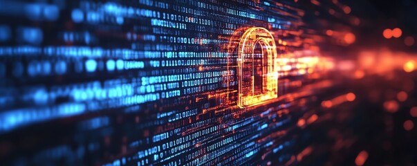 Poster - Digital lock symbol with binary code flowing in 3D, data security concept, white background