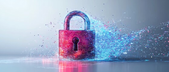 Poster - 3D digital lock icon with binary code stream, cybersecurity and encryption concept, white background