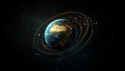 Poster - 3D rendering of world globe with surrounding satellite orbit circles, representing global internet and telecommunication systems, abstract dark background