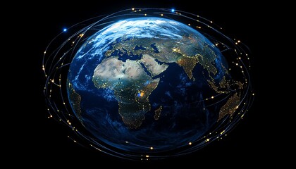 Poster - 3D rendering of world globe with surrounding satellite orbit circles, representing global internet and telecommunication systems, abstract dark background