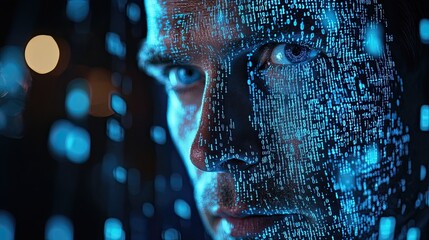 Chief Technology Officer concept with blue matrix binary code background, symbolizing innovation, digital transformation, cutting-edge tech leadership in the IT industry