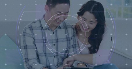 Poster - Couple smiling at each other with digital interface animation overlay