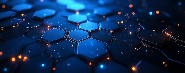 Poster - Abstract futuristic vector background featuring a glowing blue hexagon grid pattern on a dark black background with neon highlights