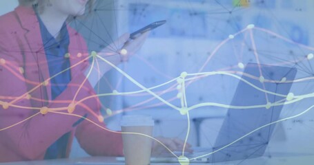 Poster - Businesswoman using smartphone and laptop with data network animation overlay