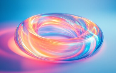 Poster - Dynamic motion blur of a glass spiral, colorful light trails in a vortex pattern, illuminated laser lights against a light blue gradient background