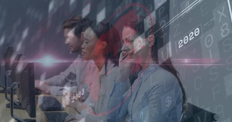 Poster - Customer service team working at computers with digital data animation overlay