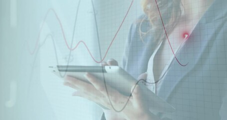 Poster - Using tablet with financial graph animation overlay, businesswoman analyzing data